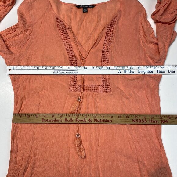 Zac & Rachel Boho Blouse Sz XL Coral/Orange Roll Tab Sleeve Gauze Tassels Beads - Picture 2 of 9